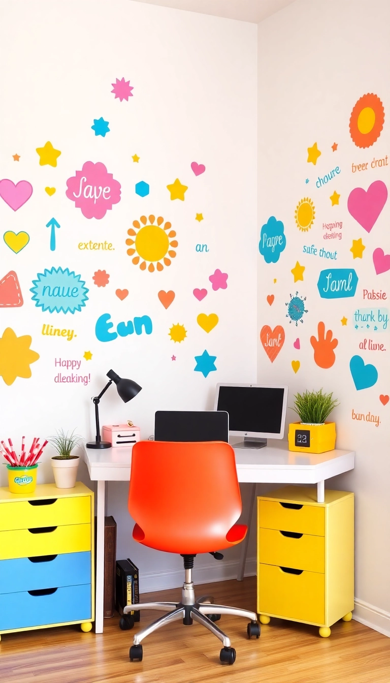 25 Stunning Home Office Wall Decor Ideas That'll Skyrocket Your Productivity! - 11. Whimsical Wall Stickers