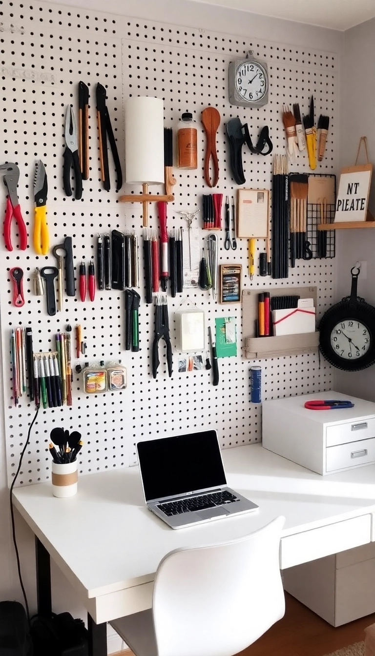 25 Stunning Home Office Wall Decor Ideas That'll Skyrocket Your Productivity! - 12. Functional Pegboards