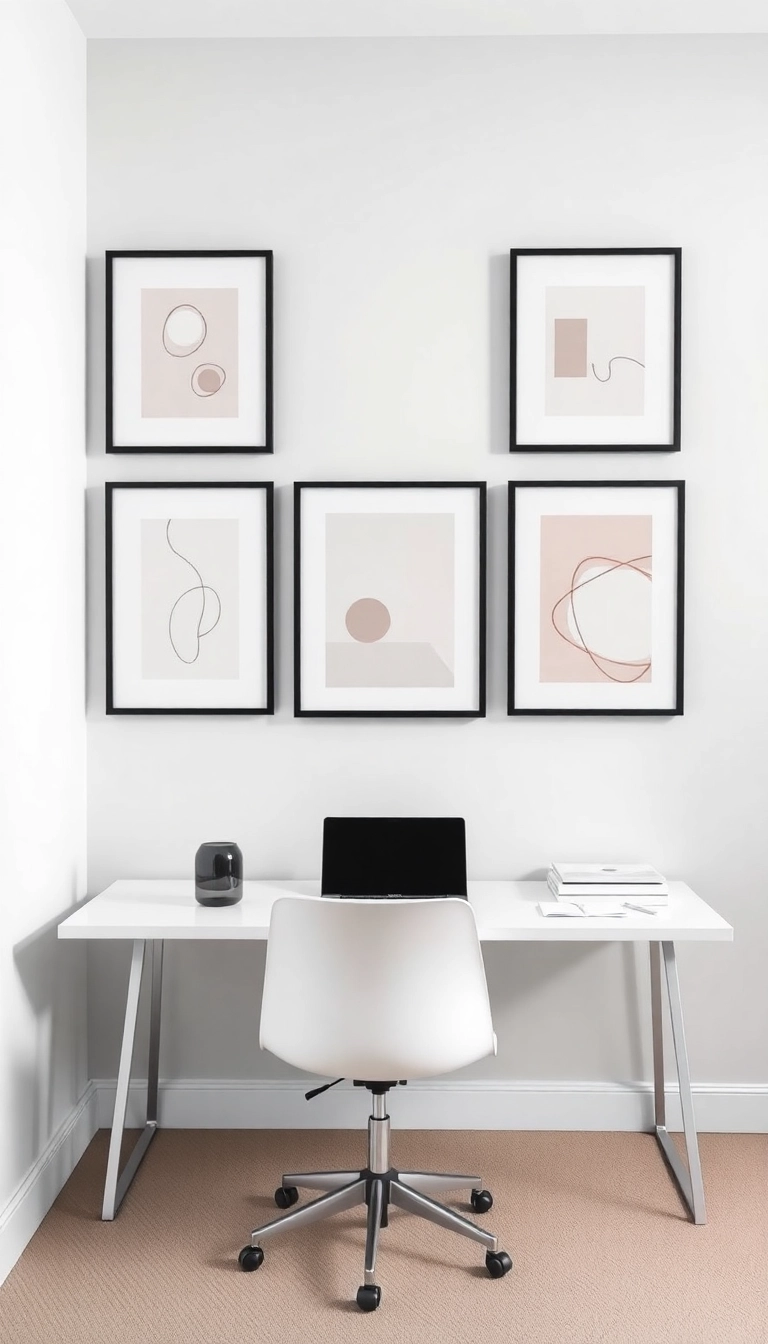 25 Stunning Home Office Wall Decor Ideas That'll Skyrocket Your Productivity! - 10. Minimalist Art Displays