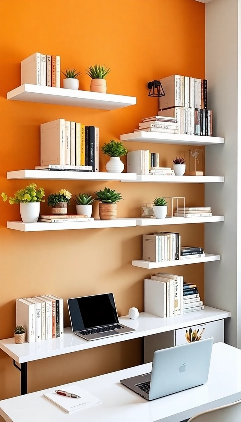 25 Stunning Home Office Wall Decor Ideas That'll Skyrocket Your Productivity! - 5. Floating Shelves with Decor