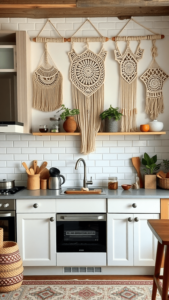 A beautifully arranged kitchen featuring macrame wall hangings above a shelf with plants and kitchenware.