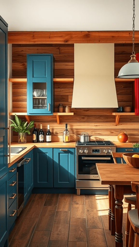 A rustic kitchen featuring blue accent cabinetry, wooden shelves, and warm tones.