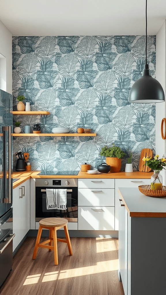 A modern kitchen featuring a blue and white patterned wallpaper accent wall.