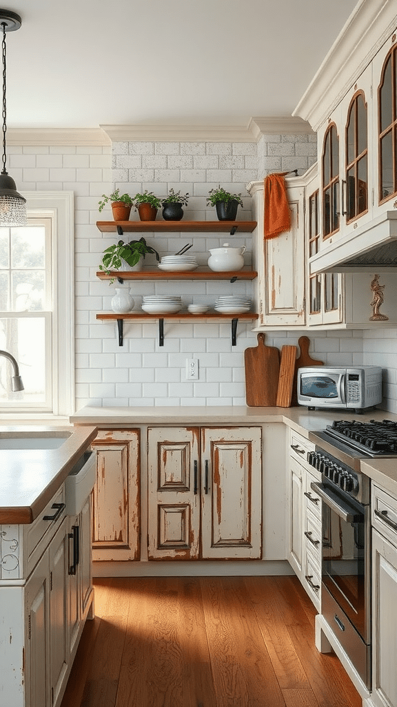 A farmhouse kitchen with antique distressed cabinets and open shelves.