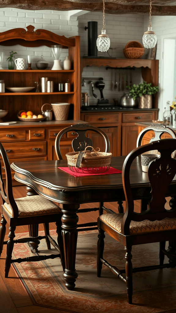 A cozy dining area featuring antique wooden furniture, including a table and chairs, with a red accent on the table.