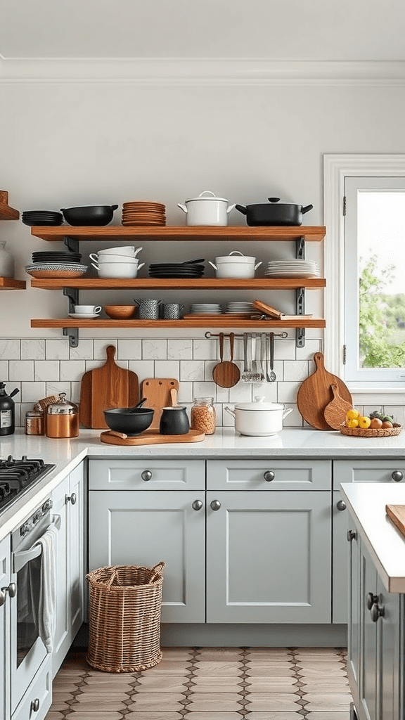 A well-organized kitchen shelf displaying various cookware and dishes.