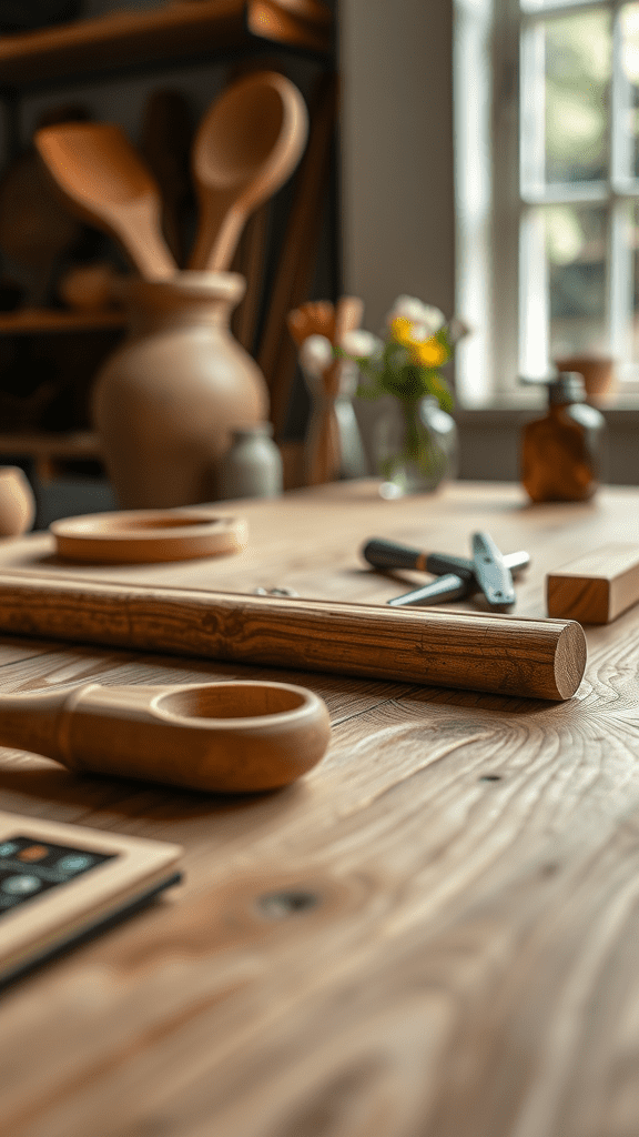 A wooden workshop table with various tools and crafted items.