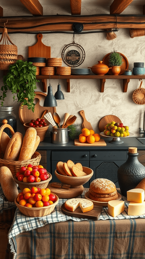 A vibrant artisan food display featuring fresh fruits, breads, and cheeses on a table.