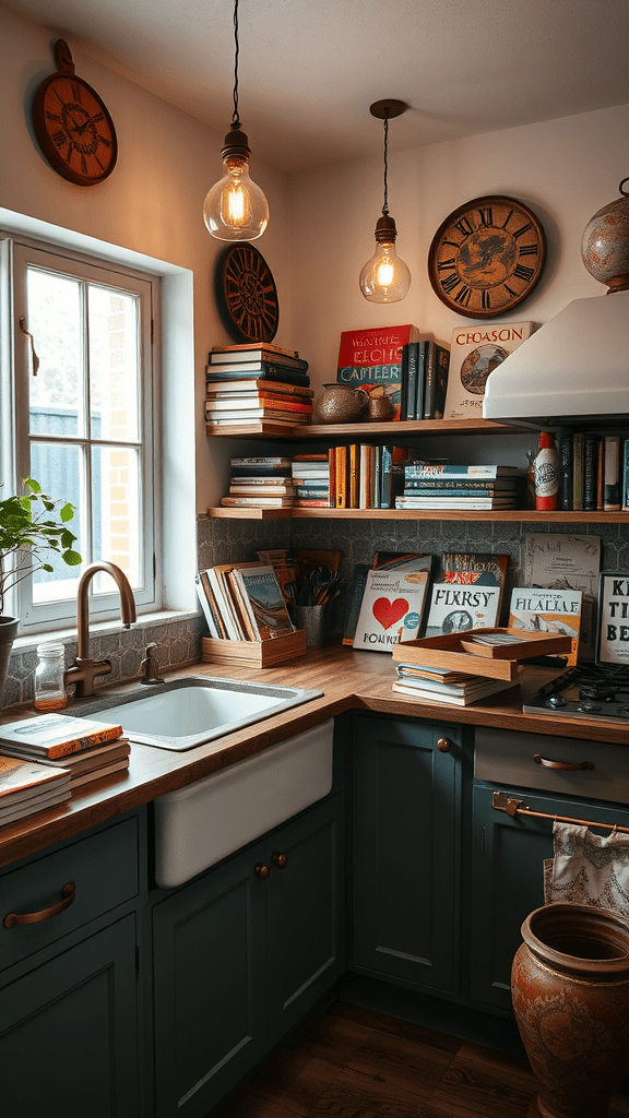 A cozy kitchen with colorful cookbooks on display and warm lighting.