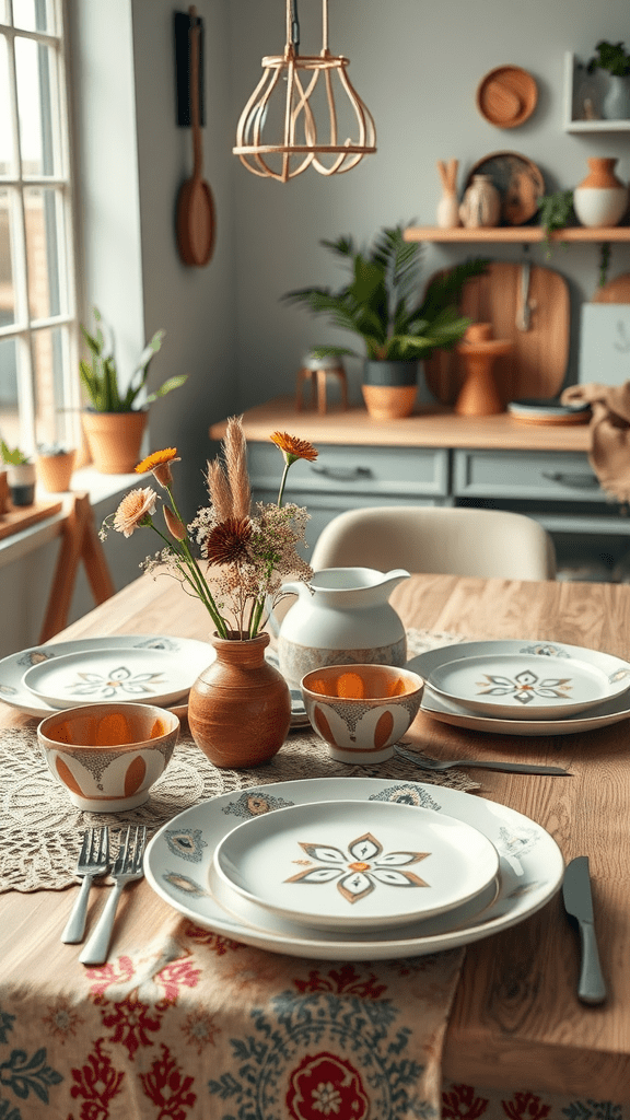 A beautifully arranged table featuring artistic tableware, including plates, bowls, and a vase with flowers.