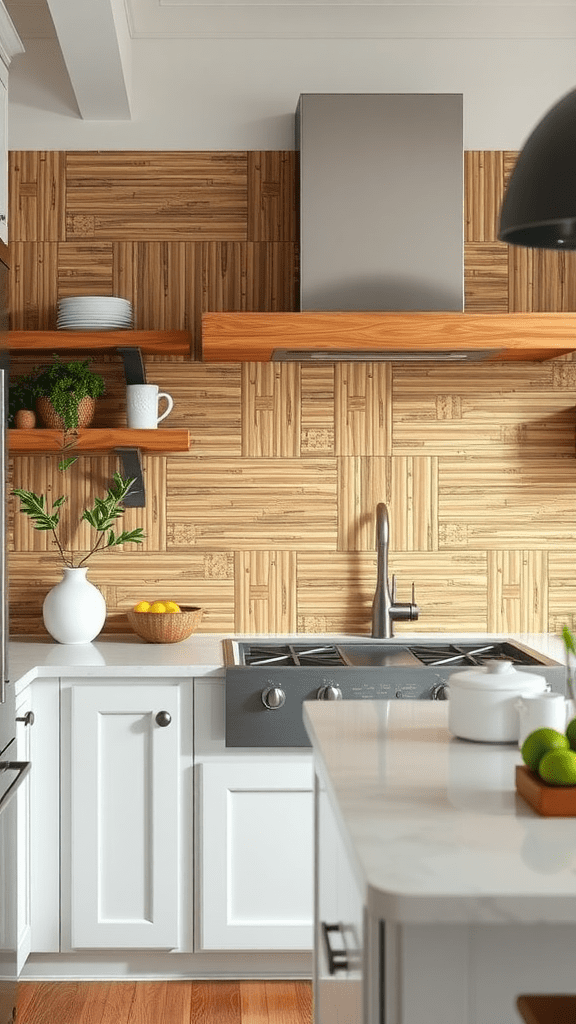 A modern kitchen featuring bamboo paneling on the wall, with white cabinets and wooden shelves.