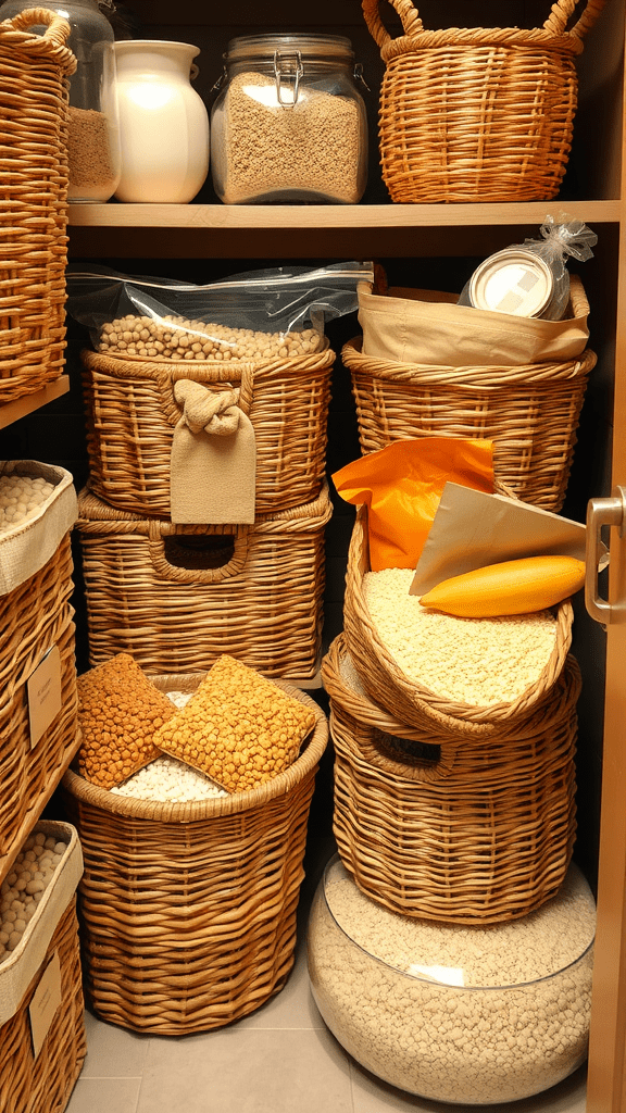 A neatly organized storage area with various baskets and containers filled with bulk items.