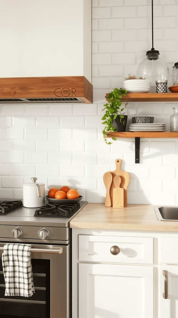 A kitchen featuring a beadboard backsplash, modern stove, and wooden shelves decorated with dishes and plants.