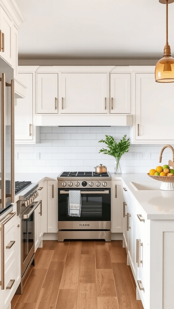 A modern farmhouse kitchen with white cabinets, a black stove, and wooden flooring.