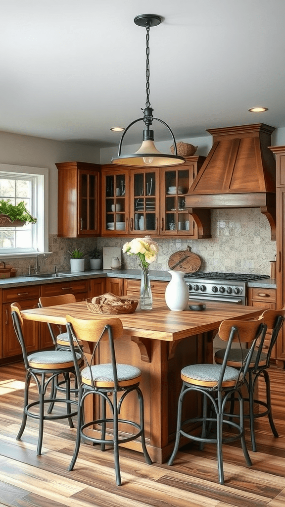 Bistro-style kitchen island with seating and wooden cabinets