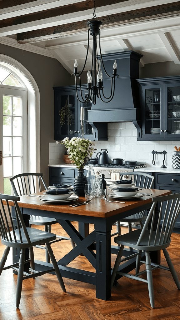 A stylish kitchen with dark cabinets and a light wall, featuring a wooden dining table and decorative items.