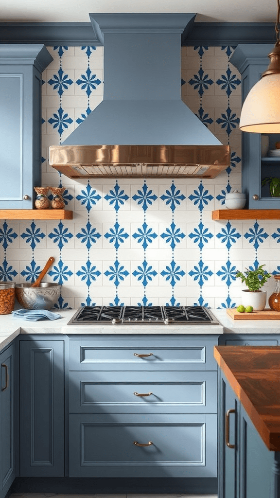 A stylish kitchen with blue and white porcelain tile backsplash and modern fixtures.