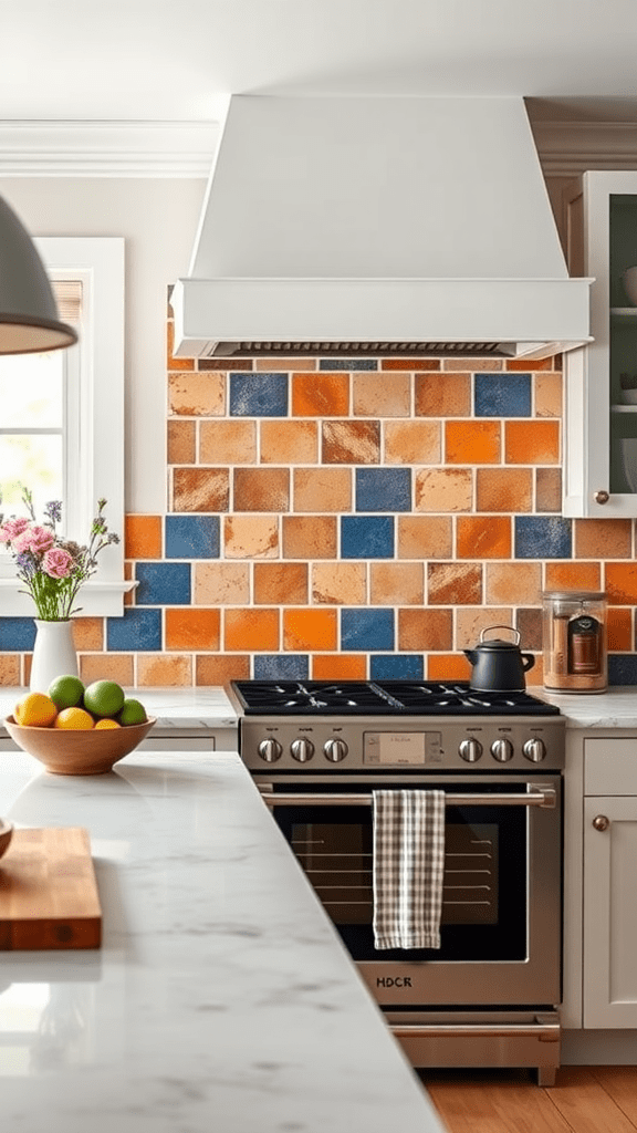 A modern kitchen featuring a colorful accent wall with blue and orange tiles, a stove, and a marble countertop.