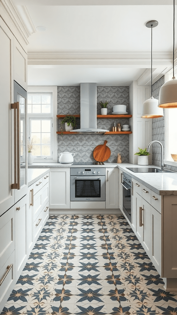 A stylish kitchen showcasing bold tile patterns on the floor with modern cabinetry.