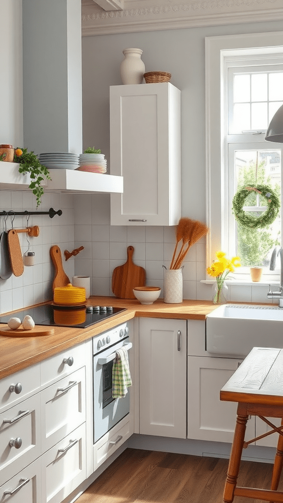 A bright and cheerful kitchen with white cabinets, wooden countertops, and colorful dishware.