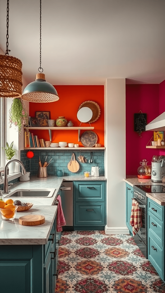 A colorful kitchen featuring bright accent walls in orange and pink, with teal cabinets and patterned flooring.