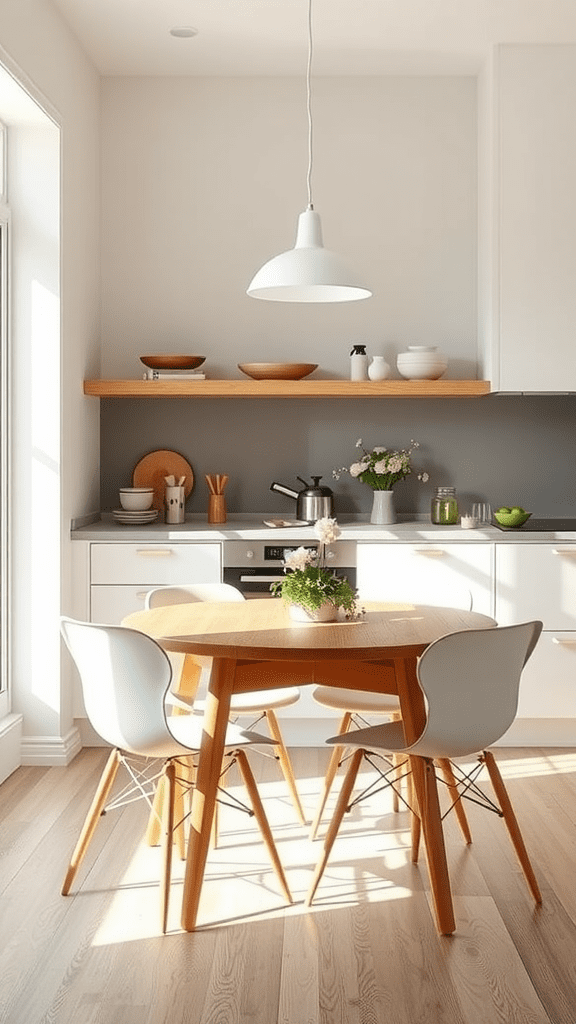 Bright and airy dining area with a round wooden table and white chairs.