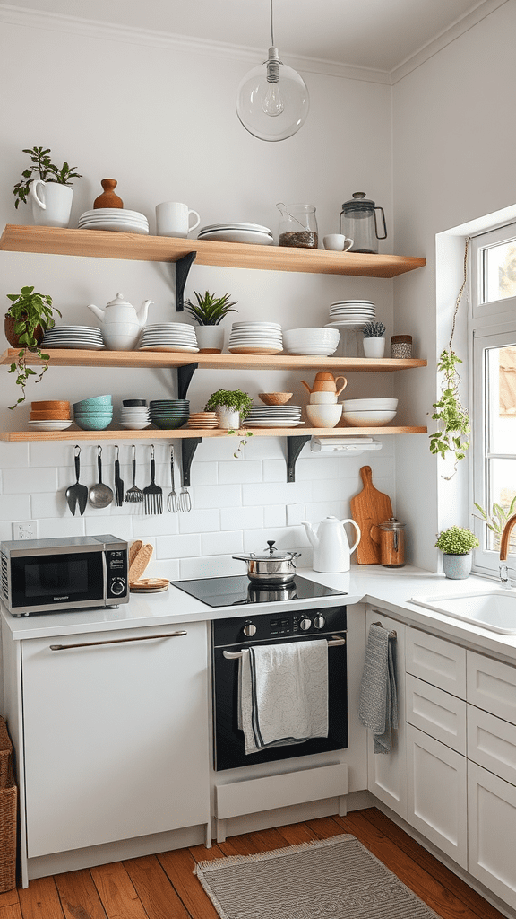 A cozy kitchen featuring open shelving with various dishes and decorative plants.