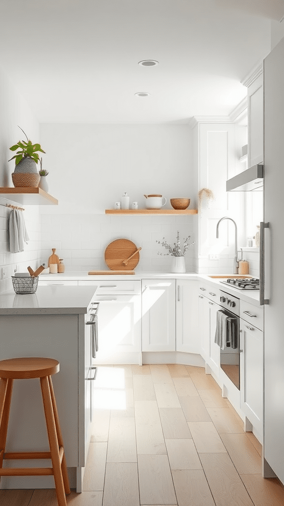 Bright white kitchen with wooden accents and natural decor