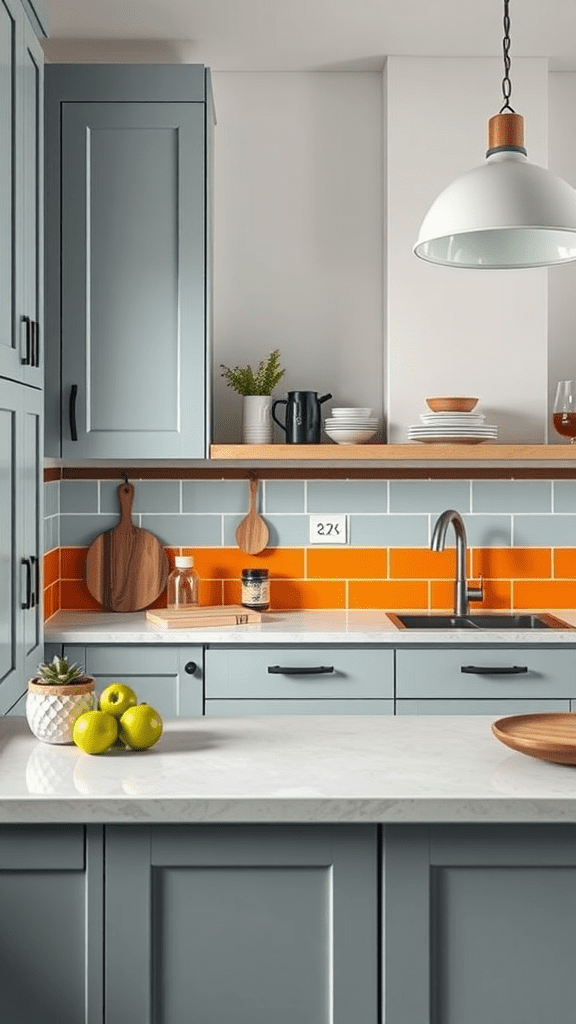 A modern kitchen featuring a bright orange backsplash with blue cabinets.