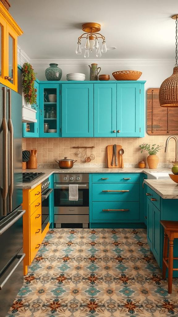 A vibrant kitchen featuring turquoise and yellow cabinetry with decorative items.