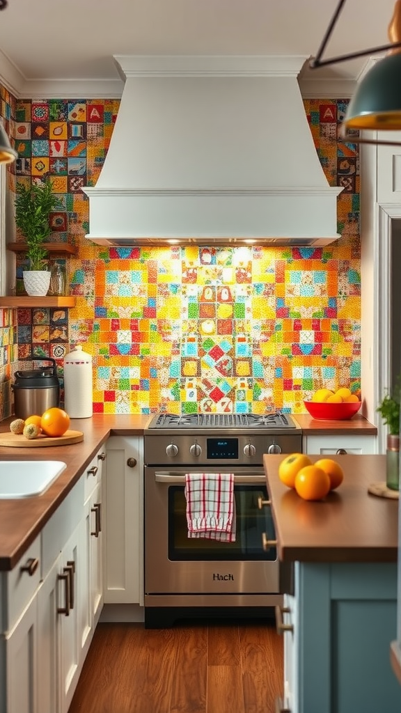 A vibrant kitchen with a colorful mosaic backsplash, showcasing various patterned tiles, a modern stove, and fresh fruits on the counter.