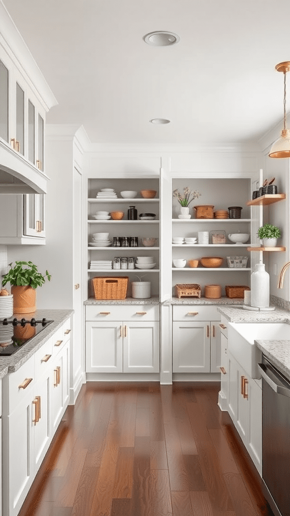 A bright and organized farmhouse kitchen featuring built-in pantry cabinets with open shelving, displaying various dishes and decorative items.