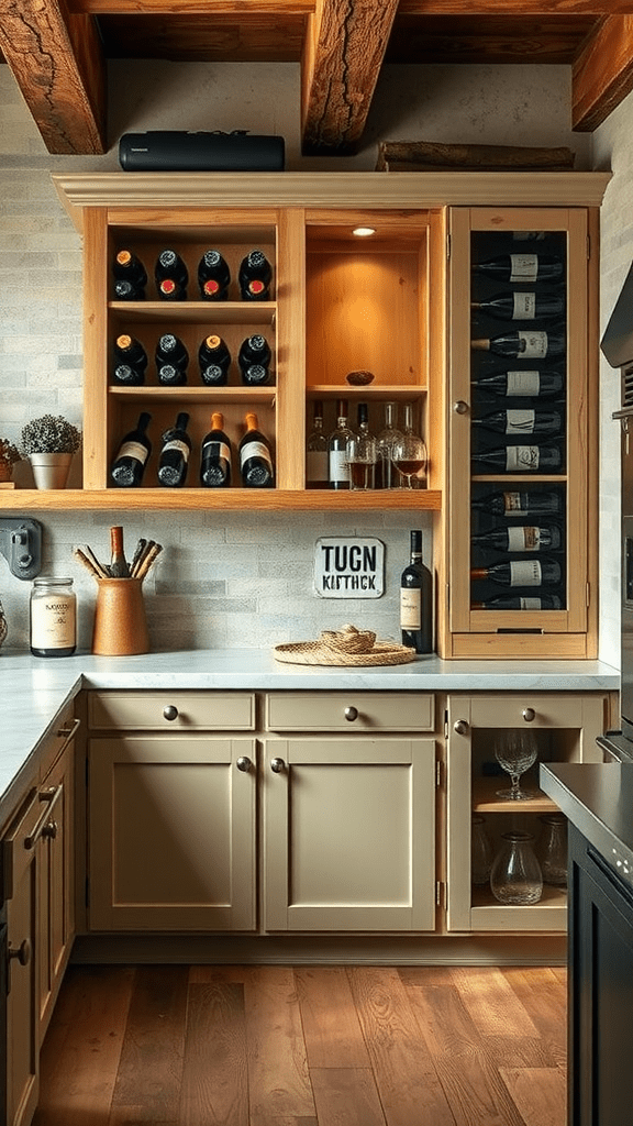 Rustic kitchen with a built-in wine cabinet displaying various wine bottles.