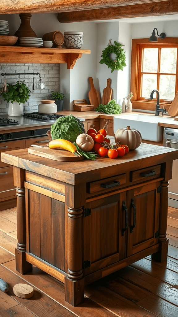 A wooden butcher block island in a kitchen, surrounded by fresh vegetables.