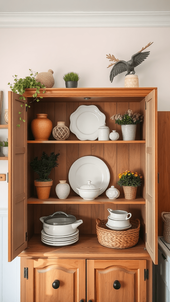 A beautifully arranged farmhouse kitchen cabinet with various decorative items.