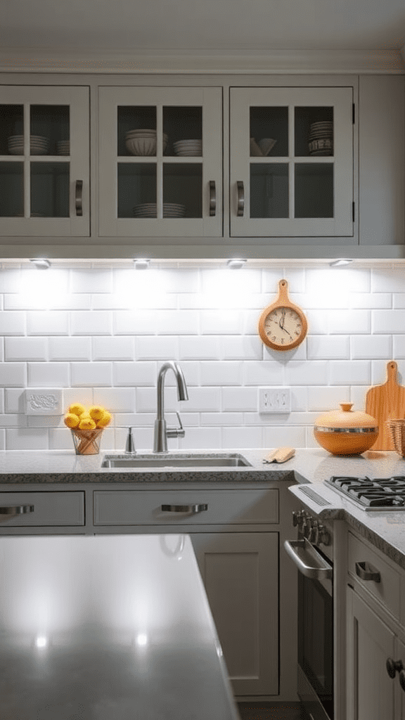 A well-lit farmhouse kitchen with under-cabinet lighting showcasing dishes.