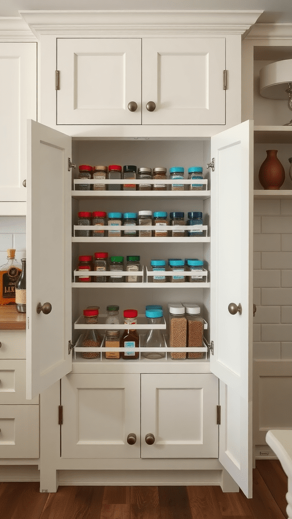 A white kitchen cabinet with built-in spice racks, featuring neatly arranged spice jars and containers.