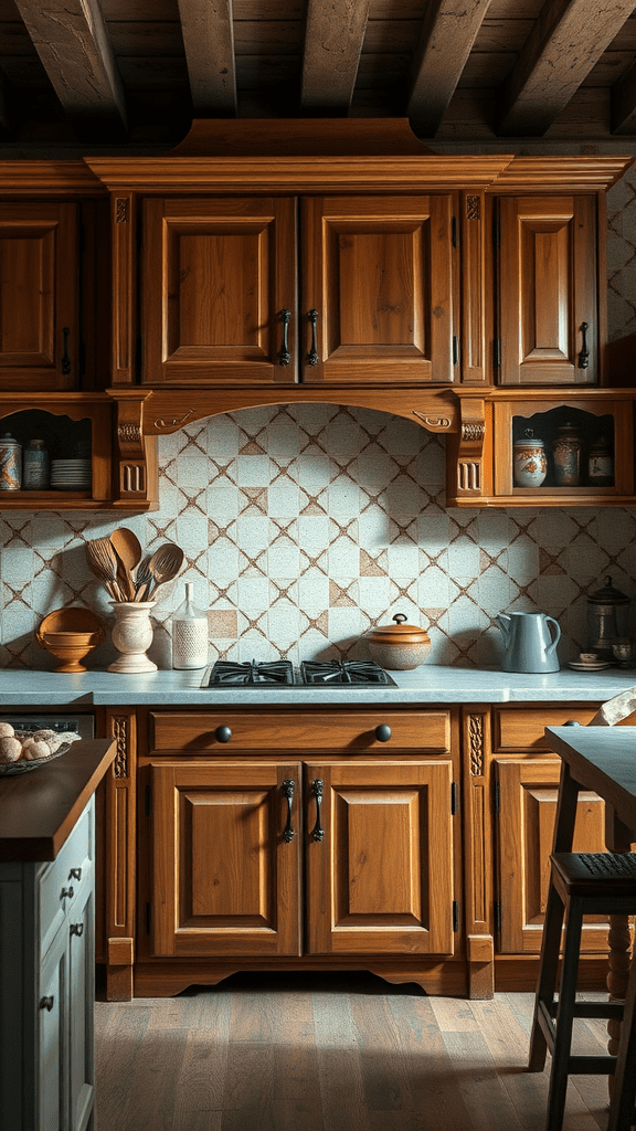 Rustic kitchen cabinets with decorative trim and a patterned backsplash.