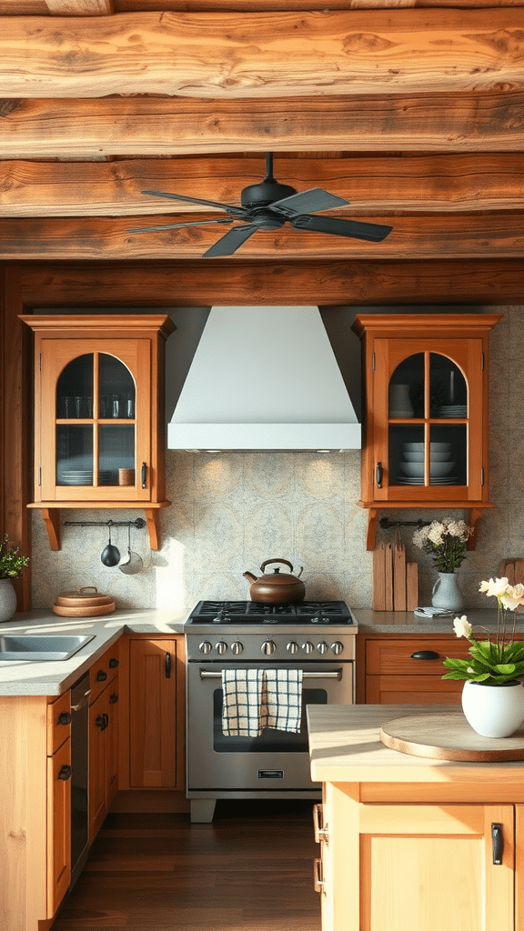 A rustic kitchen featuring wooden cabinets framed with beams