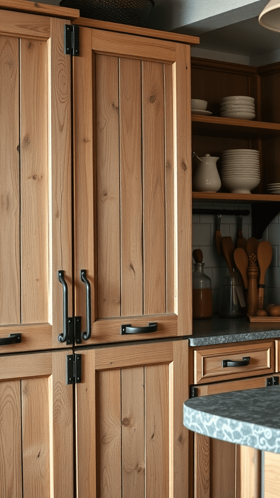 Rustic kitchen cabinets with metal accents.