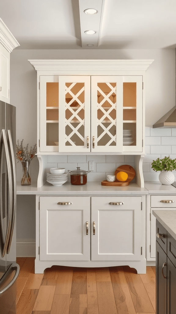 Farmhouse kitchen featuring cabinets with open lattice design.