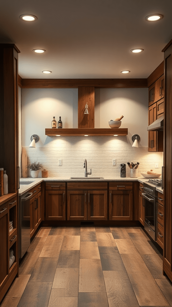 A rustic kitchen featuring wooden cabinets and recessed lighting.