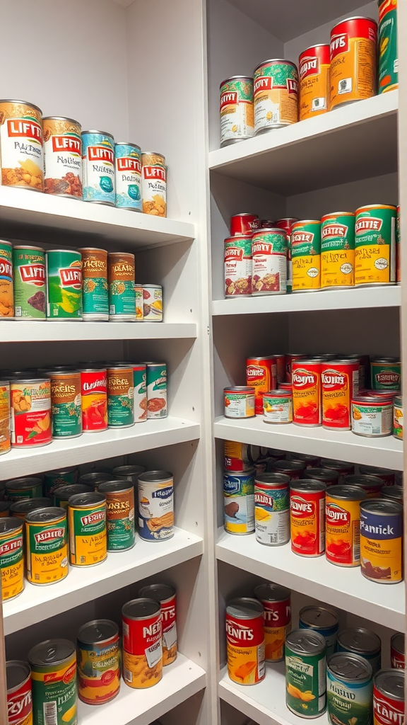 A collection of various canned goods organized on shelves.