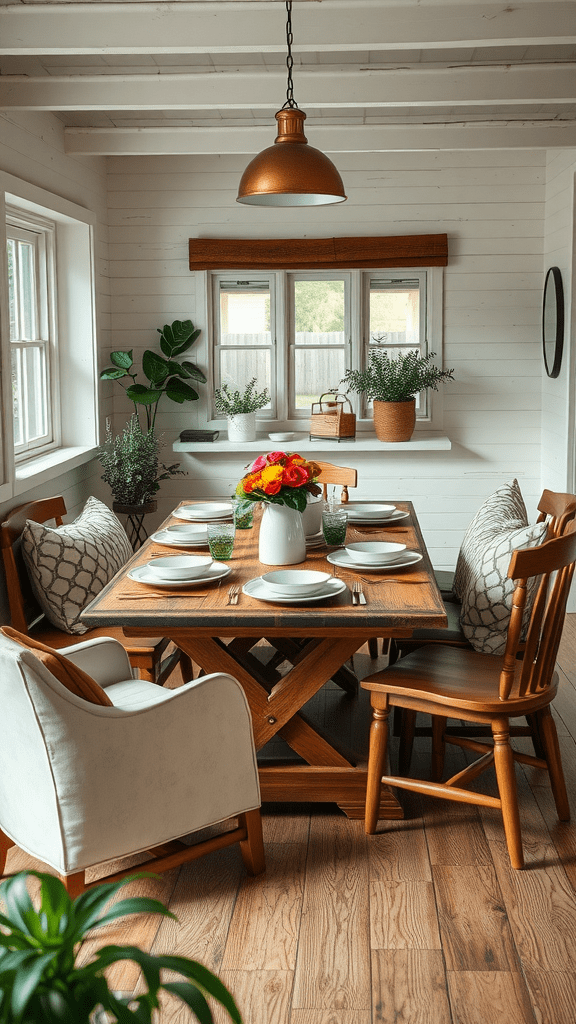 Cozy dining area with wooden table, chairs, and fresh plants