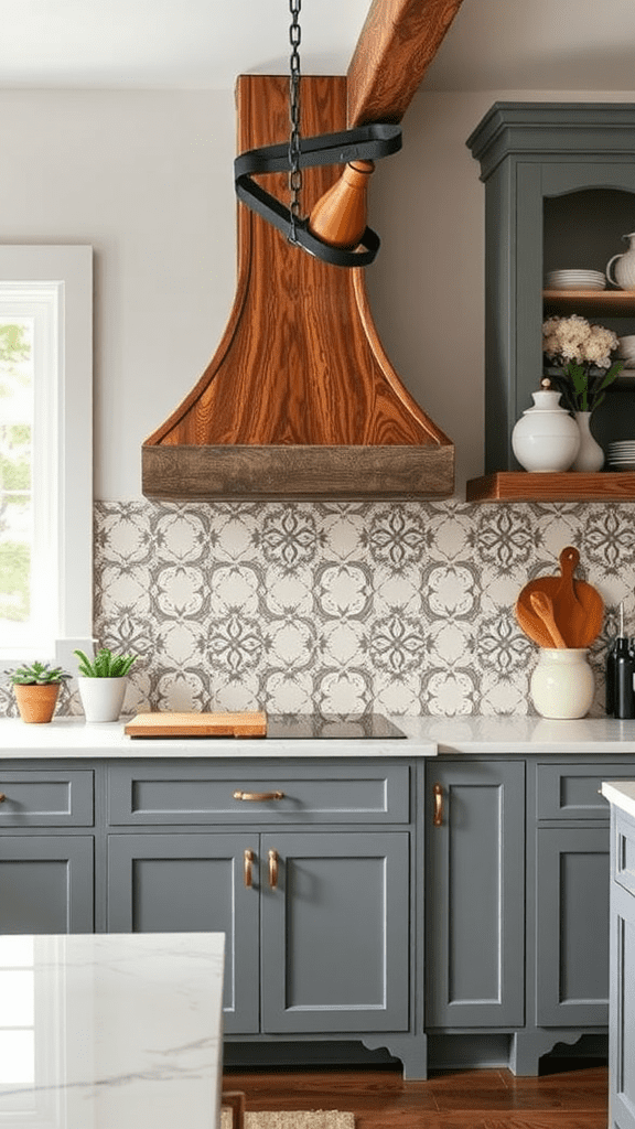 A modern kitchen featuring gray cabinets and cement tile patterns on the backsplash.