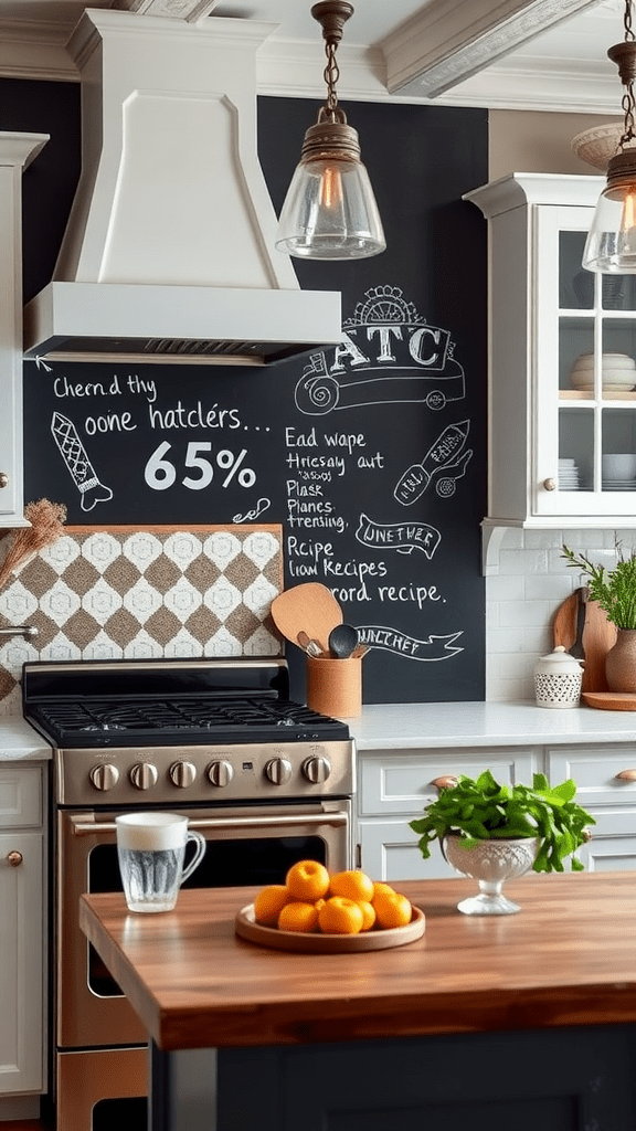 A kitchen with a chalkboard paint wall featuring various handwritten notes and drawings.