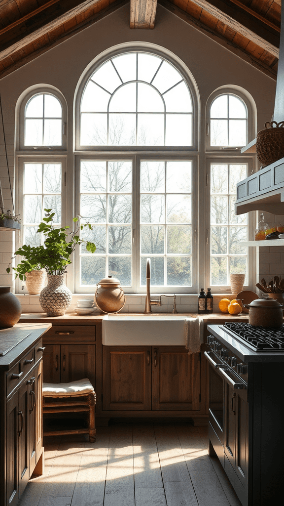 A cozy kitchen with large windows allowing natural light and a view of trees outside.