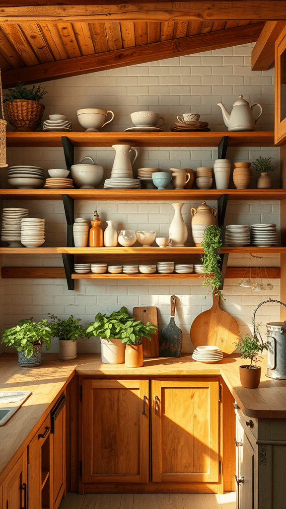 Farmhouse kitchen shelving with dishes and plants