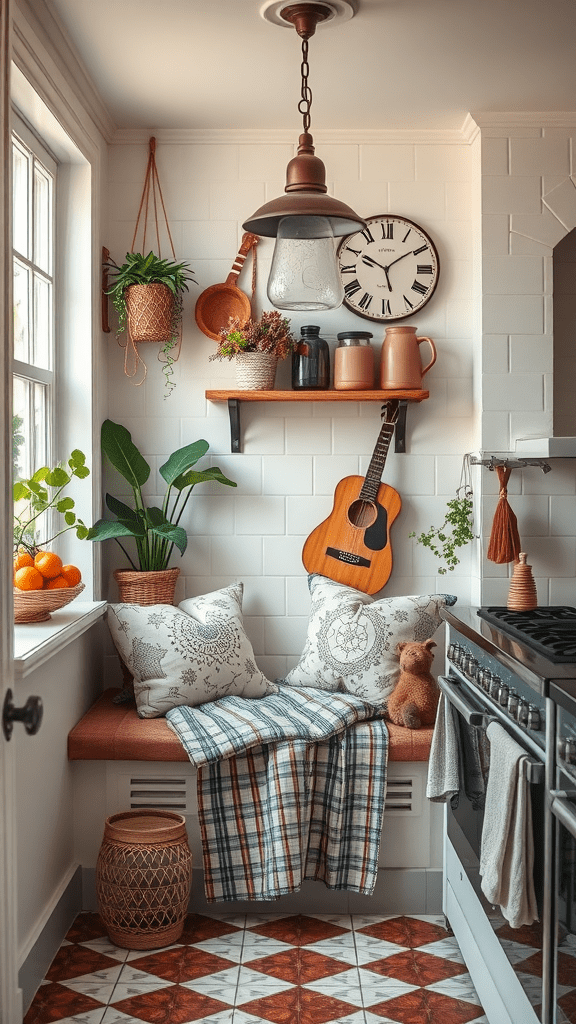 A charming kitchen nook with a cozy seating area, plants, and decorative items.