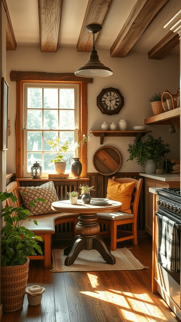 Cozy kitchen nook with wooden beams, plants, and a small round table.